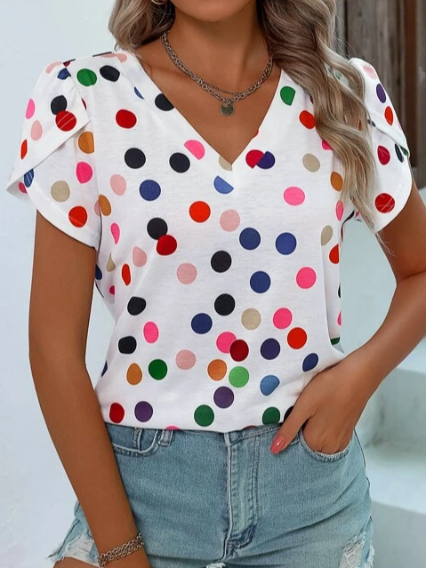 Casual Polka Dots V Neck T-Shirt
