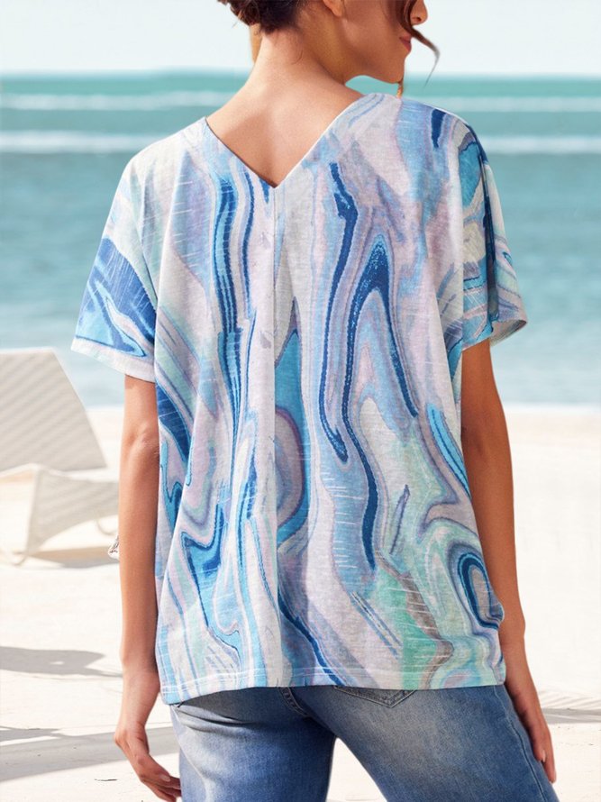 Loose Linen V Neck Ombre Vacation  Shirt
