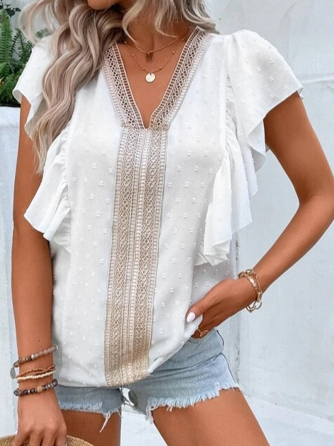 V Neck Chiffon Flouncing Plain Loose Casual Summer Shirt