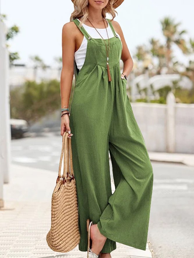 Solid Color Sleeveless Pocket Casual Wide Leg Button Jumpsuit