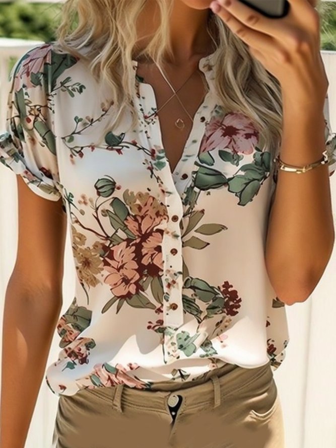 Loose Simple Floral Crew Neck Shirt