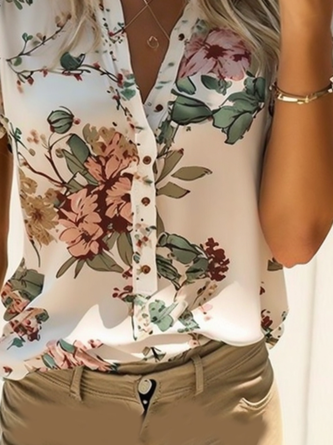 Loose Simple Floral Crew Neck Shirt