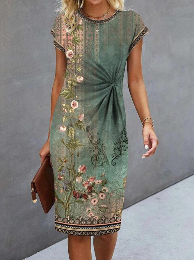 Regular Fit Floral Crew Neck Vintage Dress