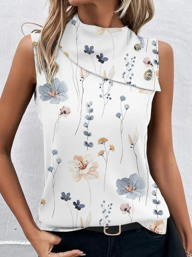 Floral Casual Buttoned Asymmetrical Tank Top