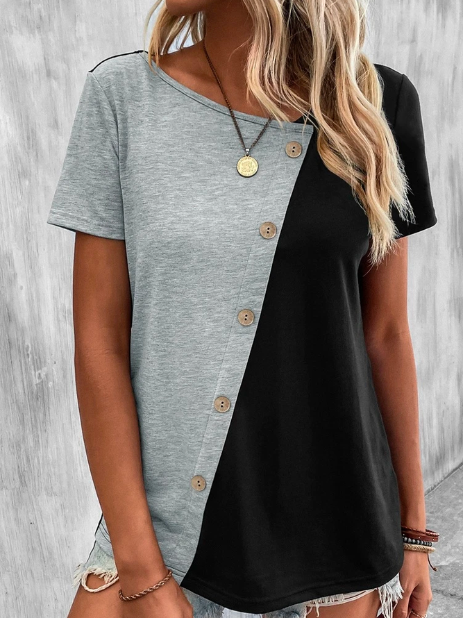 Casual V Neck Two Tone Button Front Color Block T-Shirt