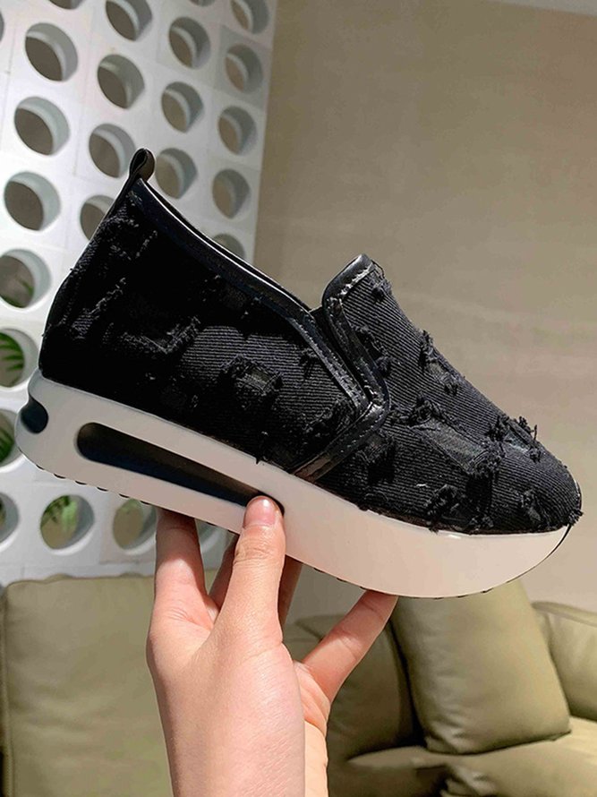 Mesh Ripped Denim Raw Hem Slip On Muffin Sneakers