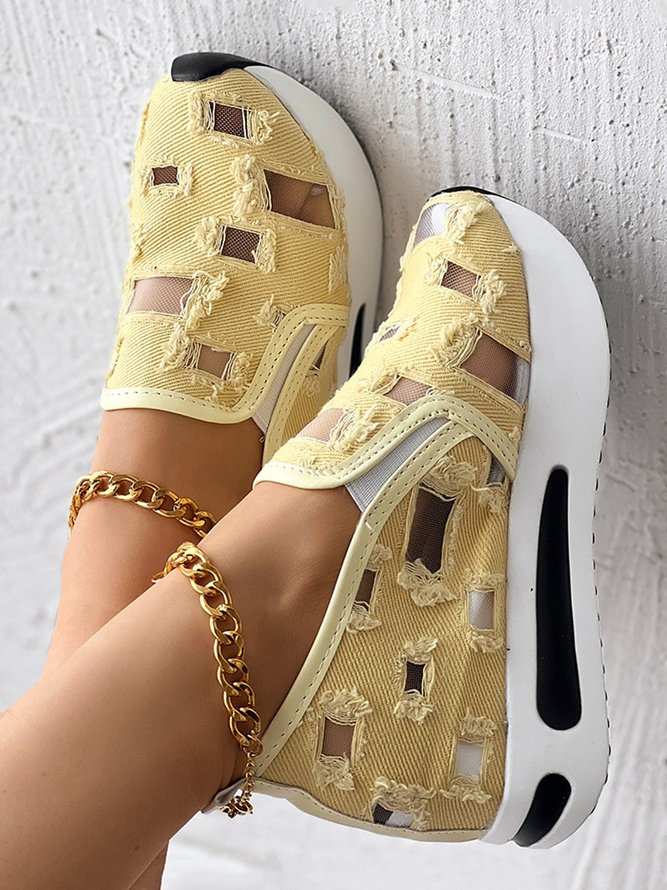 Mesh Ripped Denim Raw Hem Slip On Muffin Sneakers