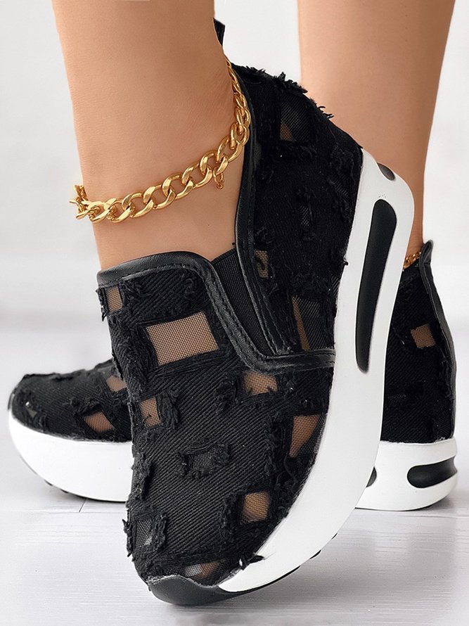 Mesh Ripped Denim Raw Hem Slip On Muffin Sneakers