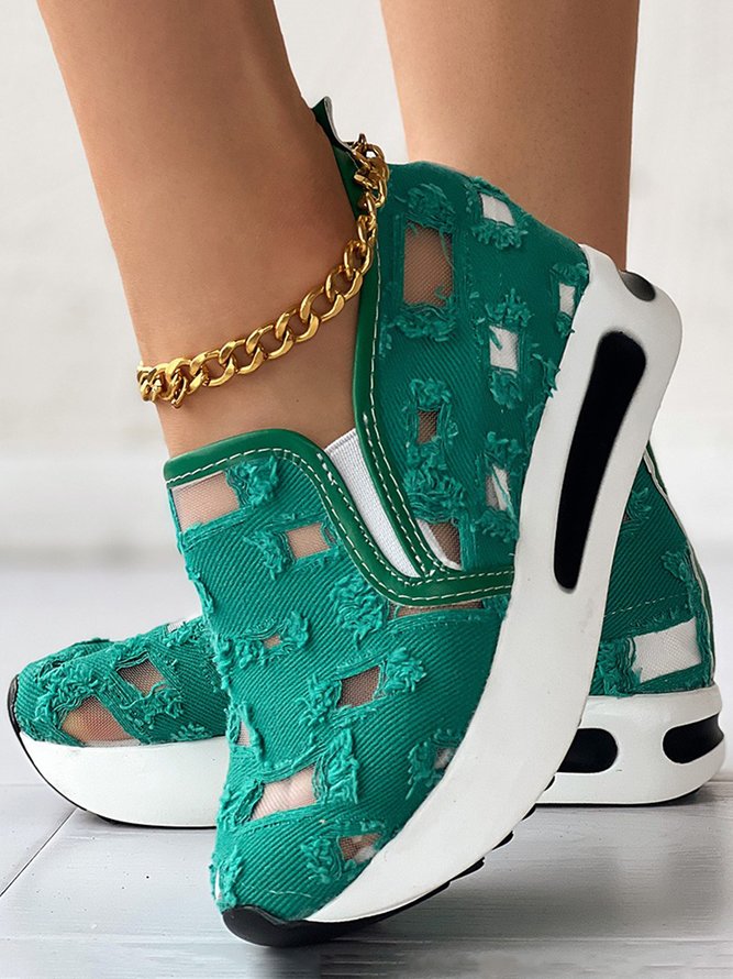 Mesh Ripped Denim Raw Hem Slip On Muffin Sneakers