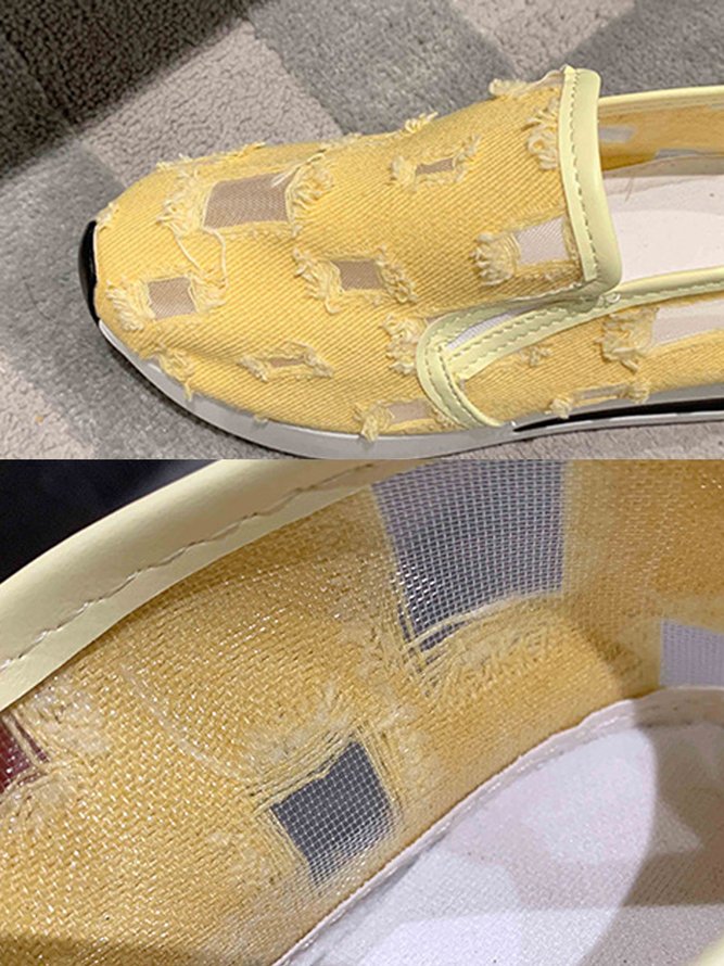 Mesh Ripped Denim Raw Hem Slip On Muffin Sneakers