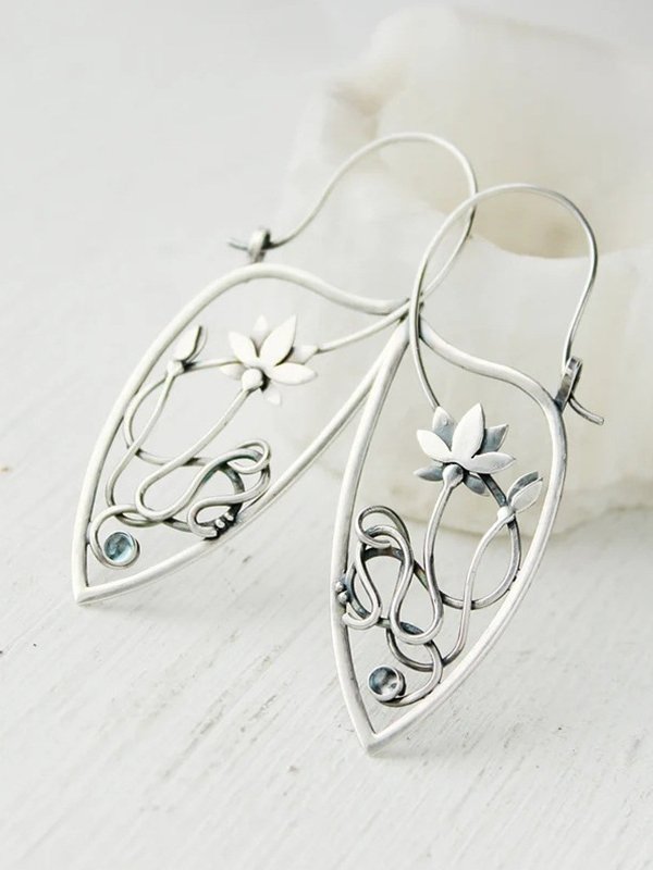 Vintage Silver Metal Floral Piercing Earrings Ethnic Casual Women Jewelry