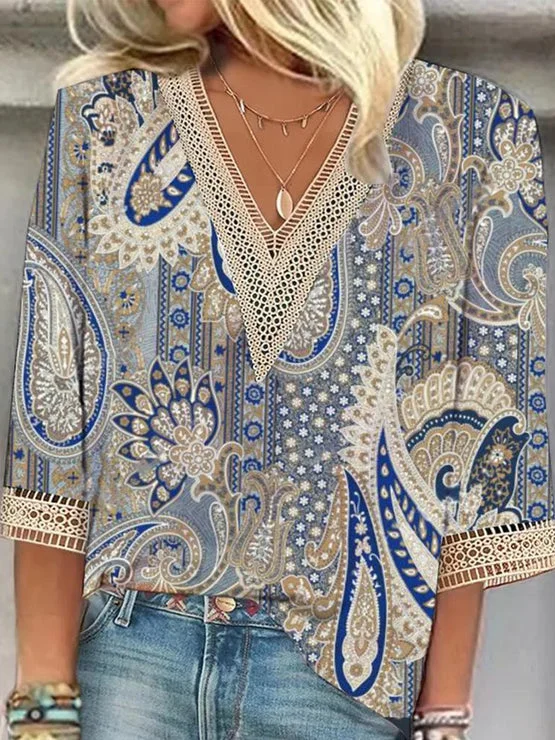 Ethnic Lace V Neck Shirt