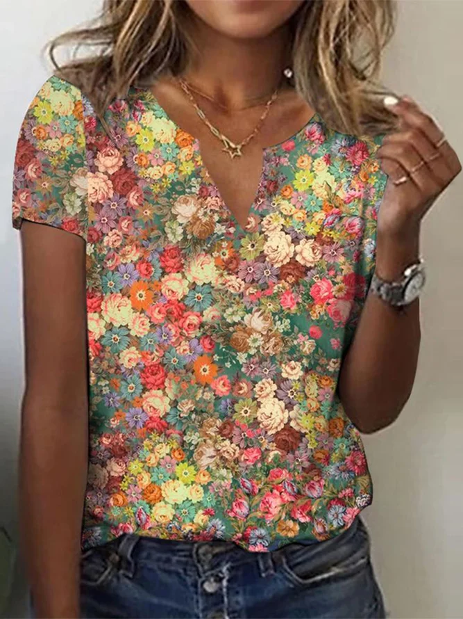 Casual Floral Loose Notched T...