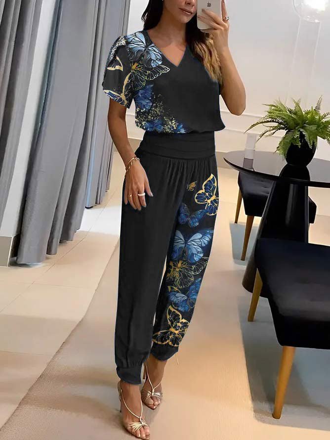 Casual Butterfly Loose V Neck Two-Piece Set