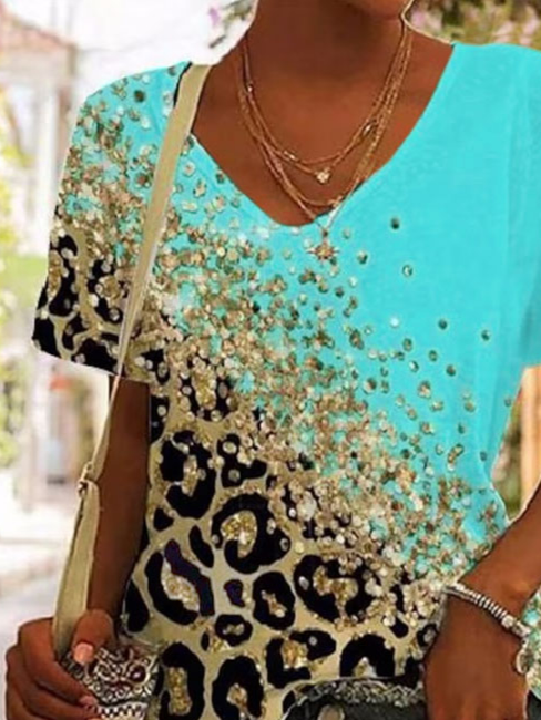Leopard V Neck Casual Loose T-Shirt