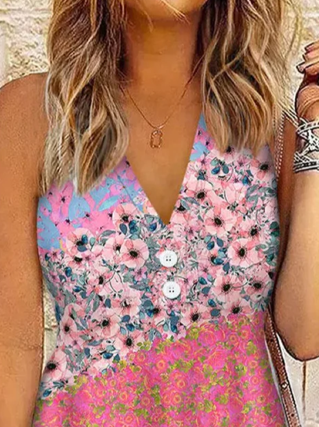 Floral Loose V Neck Casual Tank Top
