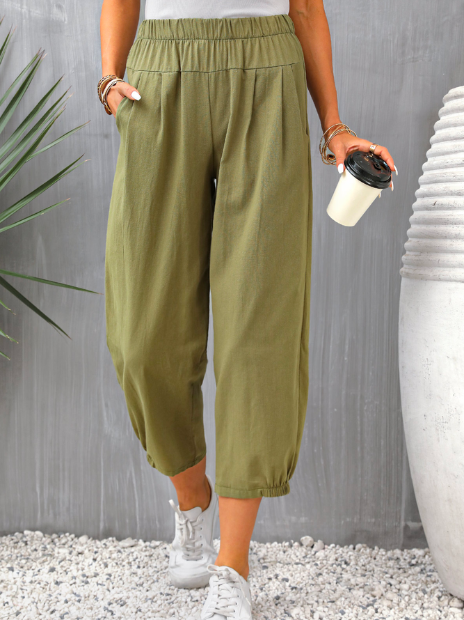 Cotton Casual Pocket Olive Green Regular Elastic Waist Pants