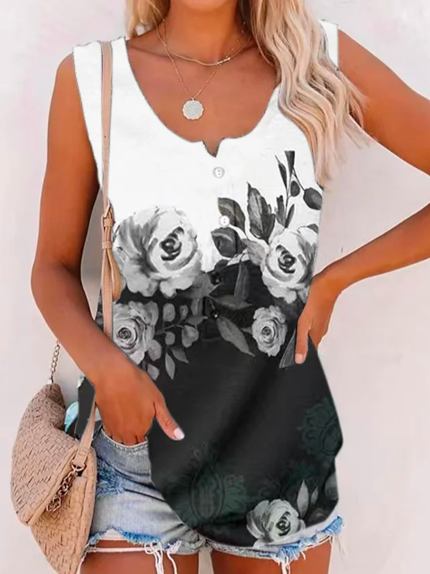 Casual Floral Color Block V Neck Loose  Tank Top