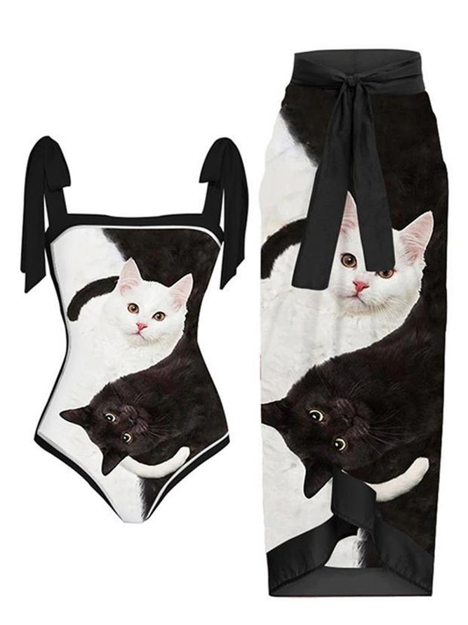Vacation Animal Picture Printing Square Neck One Piece With Cover Up