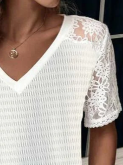 Lace Casual Loose V Neck Shirt