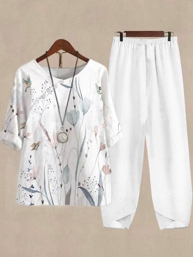 Loose Casual Floral Cotton Two-Piece Set