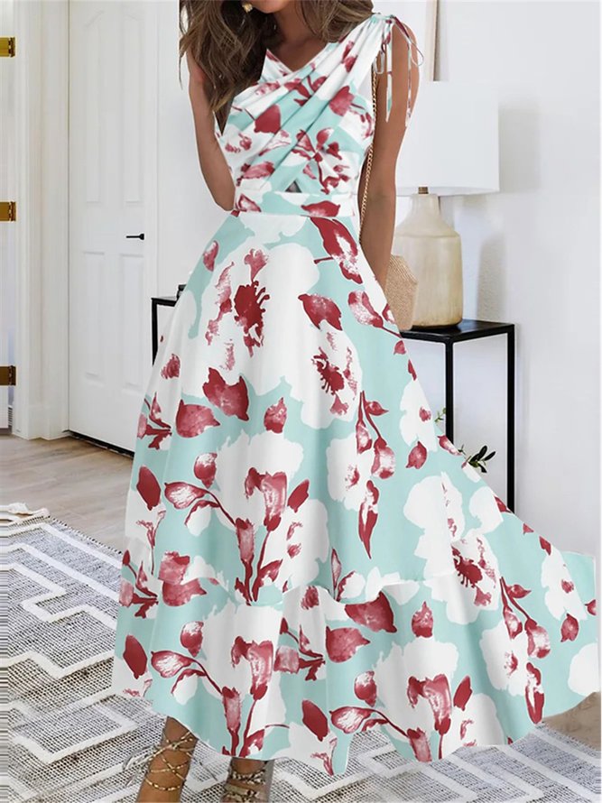 Regular Fit Elegant V Neck Floral Dress