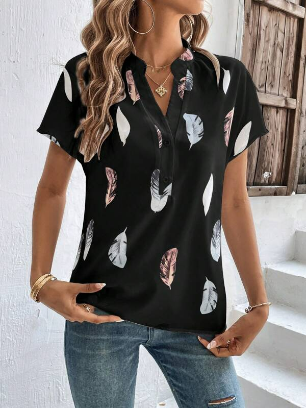 Casual Feather Pattern Loose Blouse