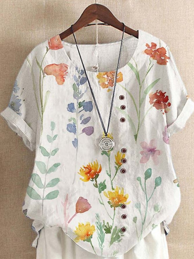 Floral Buttoned Crew Neck Casual Shirt