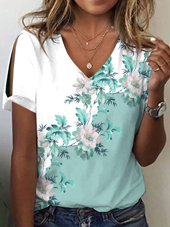 V Neck Loose Casual Floral T-Shirt