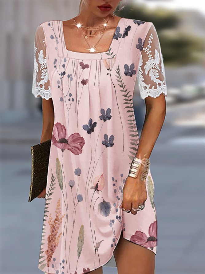 Square Neck Lace Casual Floral Loose Dress
