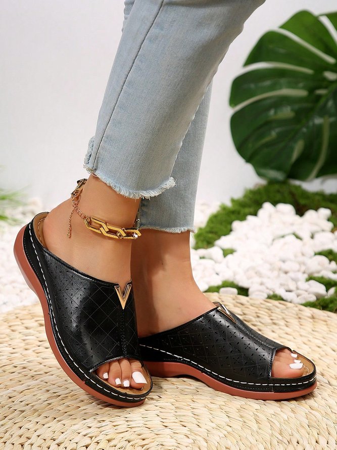 Vintage Hollow Out Wedge Slide Sandals