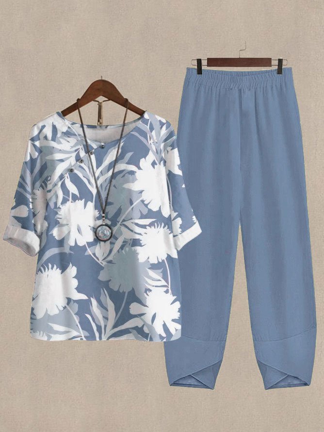 Casual Leaf Asymmetrical Collar Two-Piece Set Women's Linen Tops Shirts and Pants 2 Pieces Set Outfits Summer Loose 3/4 Sleeve Oversized Top Cropped Pants Set Linen Lounge Set