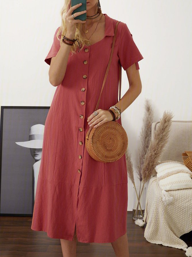 JFN Linen Summer Buttoned Solid Maxi Shirt Dress