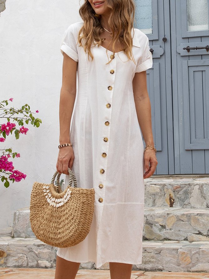 JFN Linen Summer Buttoned Solid Maxi Shirt Dress