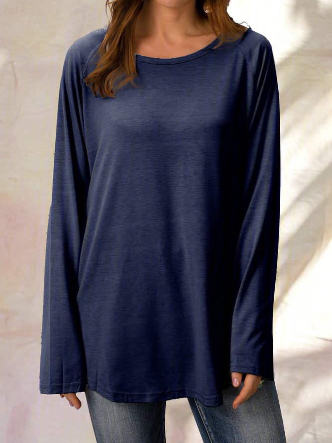 Solid Round Neck Loose Long Sleeves T-shirt