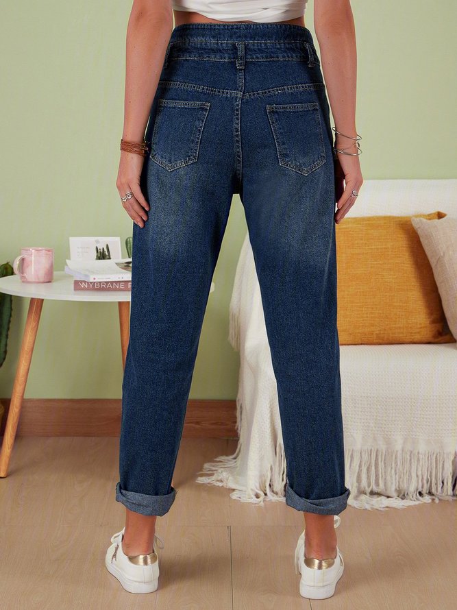 Blue Casual Denim Plain Pockets Jeans