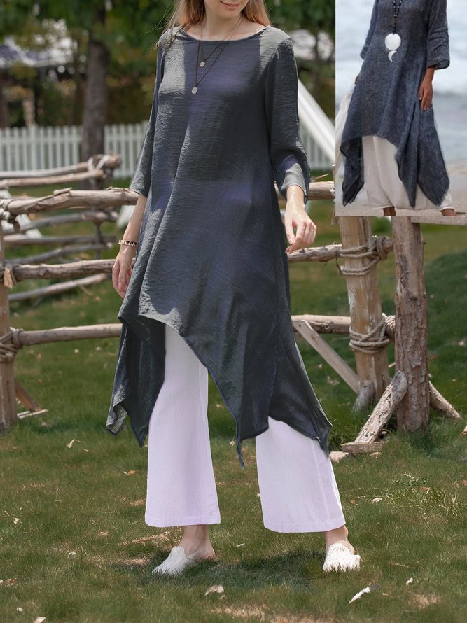 Women Summer Linen 3/4 Sleeve Daytime Crew Neck Asymmetric Dresses