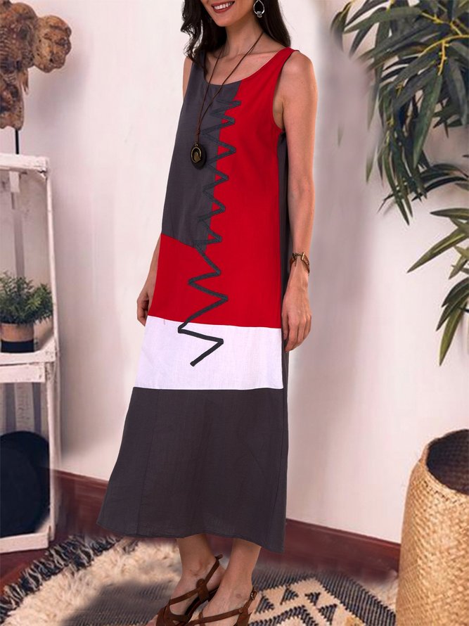 Color-block Printed Sleevless Casual Pockets Maxi Dress