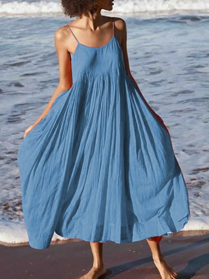 Women Summer Swing Spaghetti Cotton Holiday Boho Maxi Weaving Dress