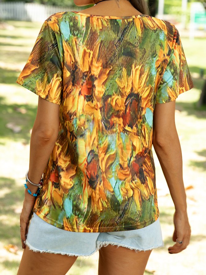 JFN Crew Neck Sunflowers Causal T-Shirt/Tee 