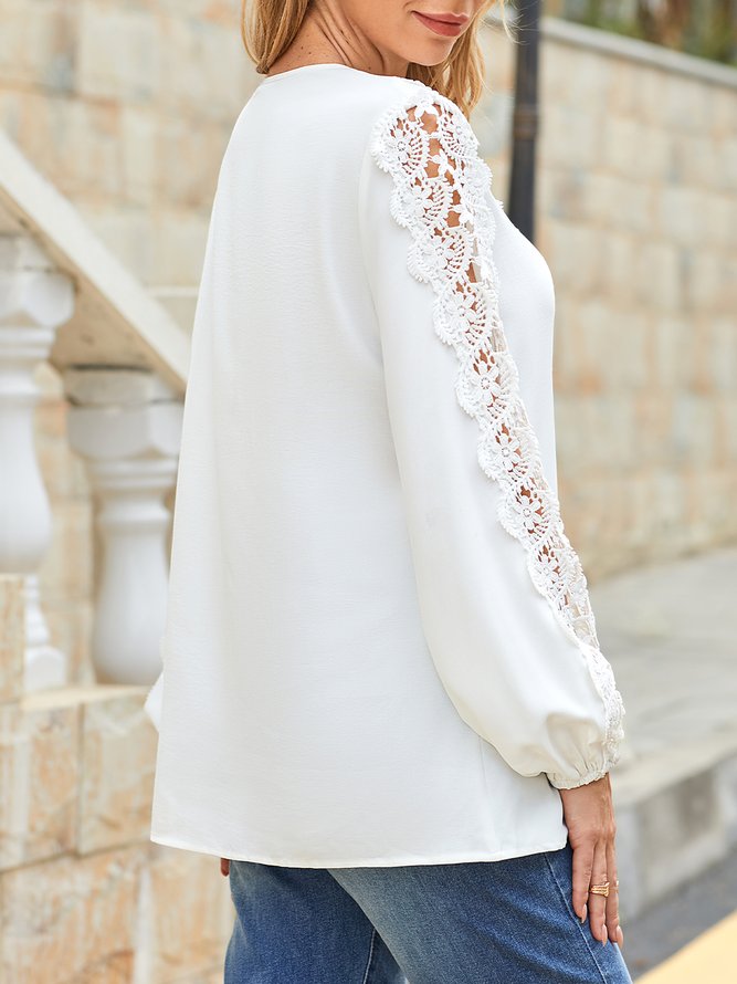 JFN V Neck Lace Puff Sleeves Daily Shirt