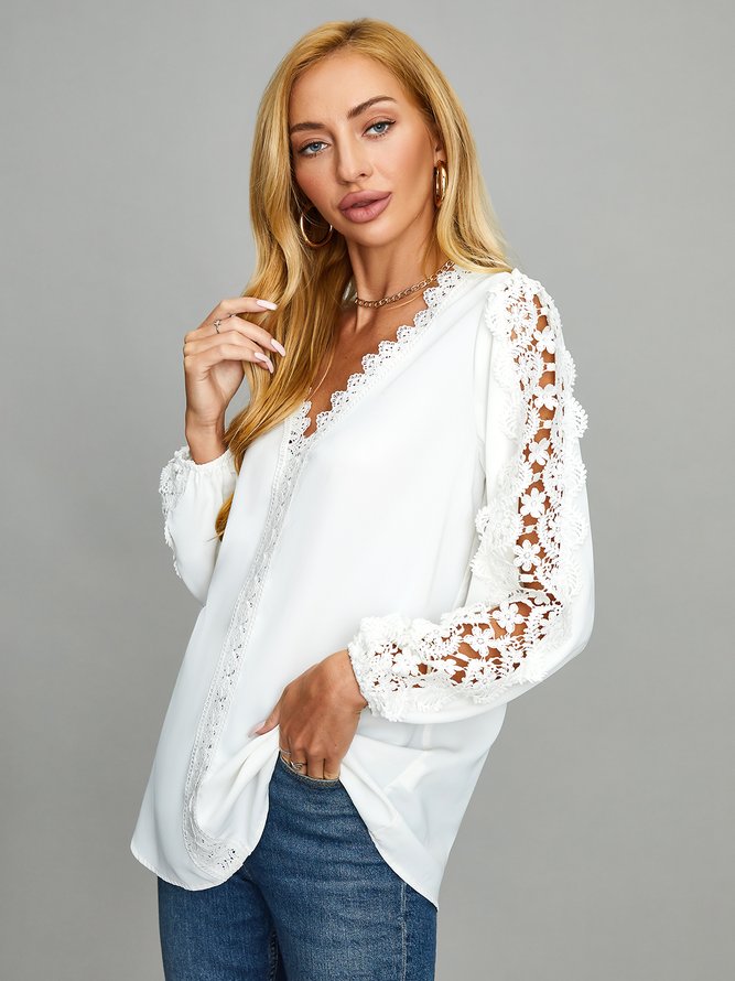 JFN Scallop V Neck Floral Lace Vacation Blouse