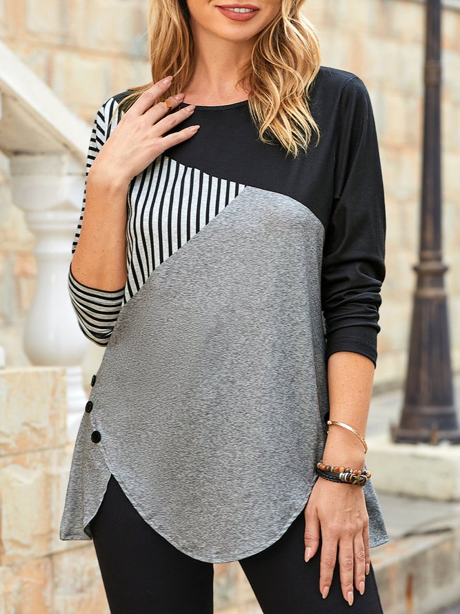 JFN Round Neck Colorblock Striped Daily Long Sleeve Tunic Top
