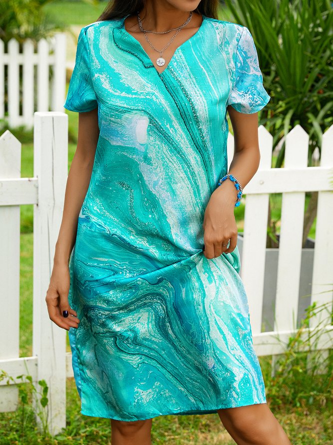 Summer Leisure Abstract Ocean Wave Gradient Color Short Sleeve Ombre/tie-Dye Shift Weaving Dress