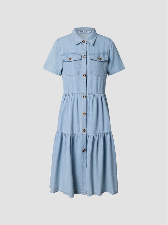 Denim Daily Casual Shirt Collar Short Sleeve Buttoned Pockets A-line Weaving Dress