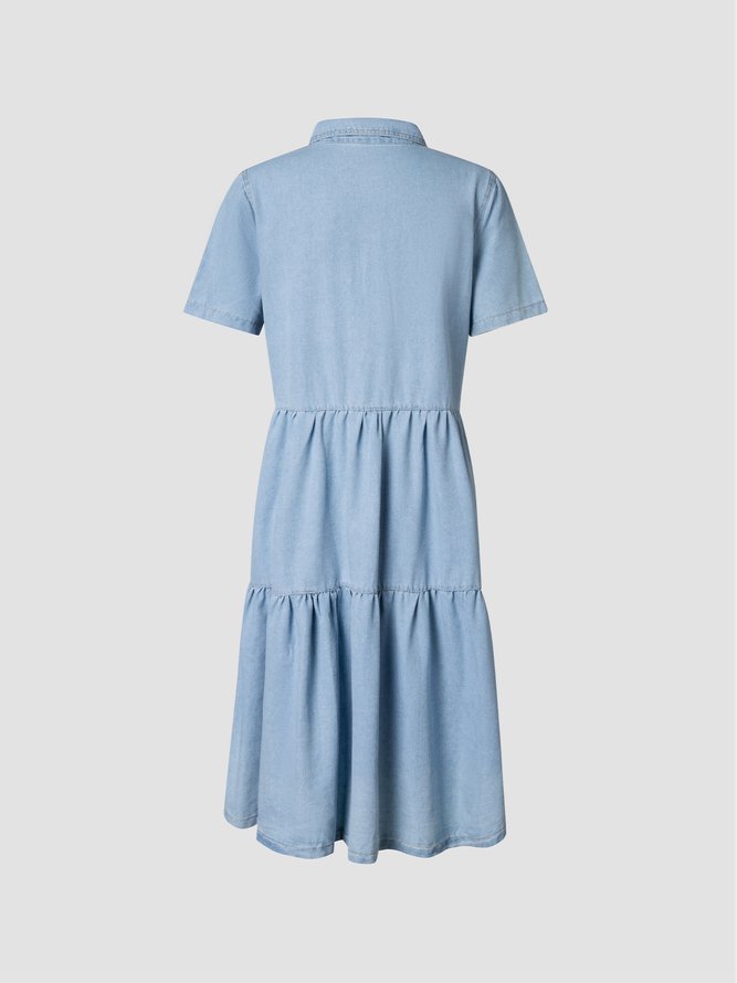Denim Daily Casual Shirt Collar Short Sleeve Buttoned Pockets A-line Weaving Dress