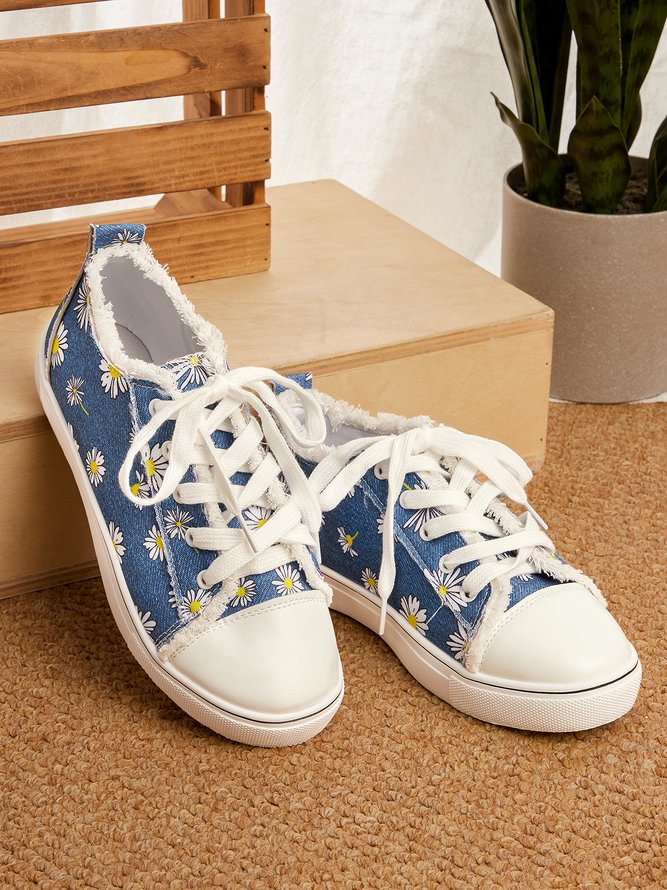 JFN  Graphic-Print Denim Lace-Up Canvas   Women’s  Sneakers