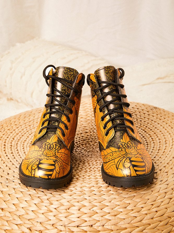 Casual Bee Leaf Print Martin Combat Boots