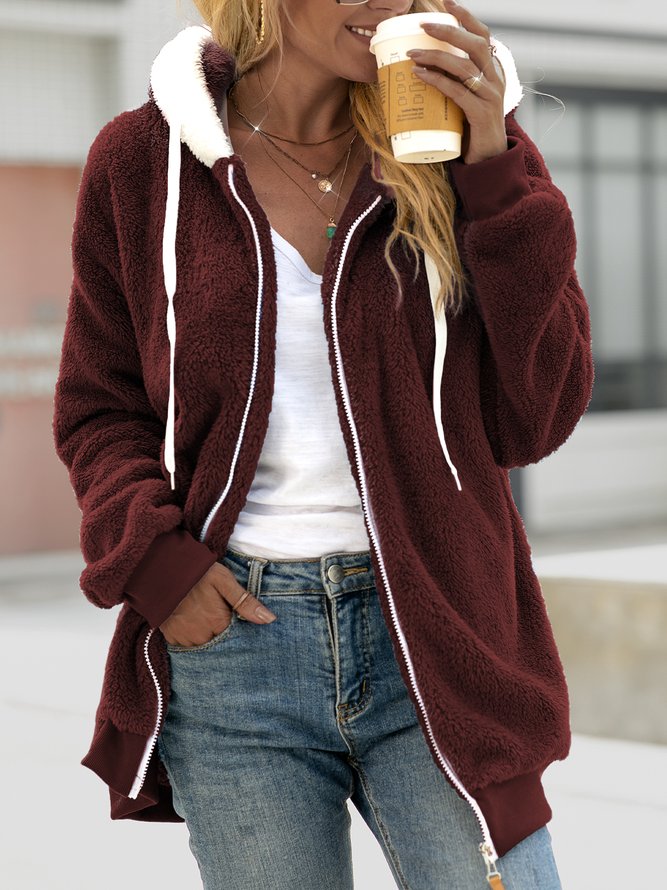 Women's Solid Color Sweatershirt Hooded Warm Pullover Wool Plush Coat Zipper Top Jacket for Women Lightweight
