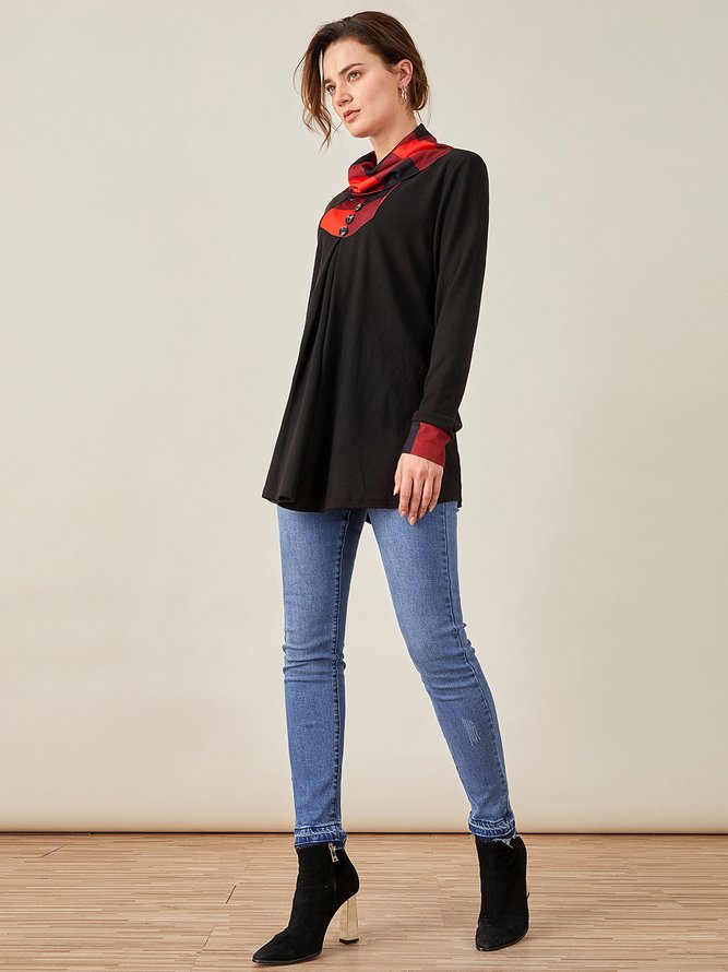 Buttoned Cowl Neck Color Block Grid Shirts & Tops